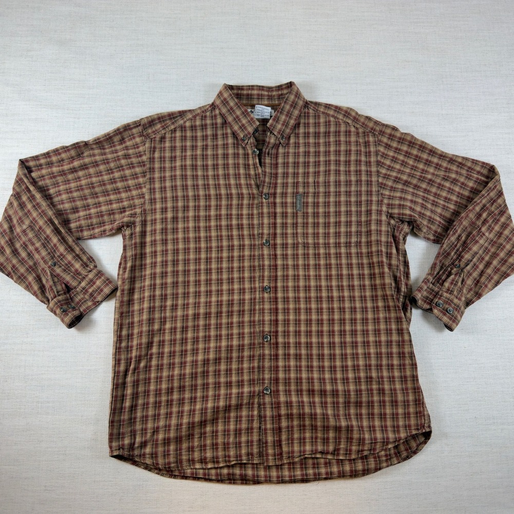 Columbia Mens Large Plaid Button Down Shirt Brown Tan Long Sleeve Outdoor L